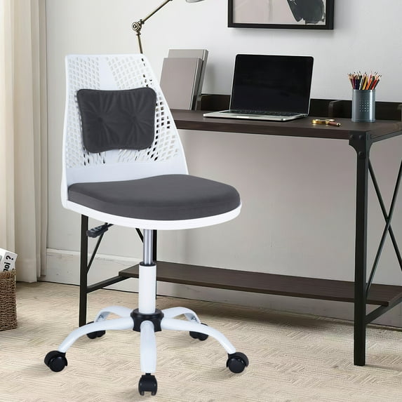 Home Computer Desk Chair, SYNGAR Swivel Office Chair with Adjustable Height and Back Support, Upholstered Task Chair with Lumbar Pillow, for Home, Office, Conference Room, White & Gray, D5162