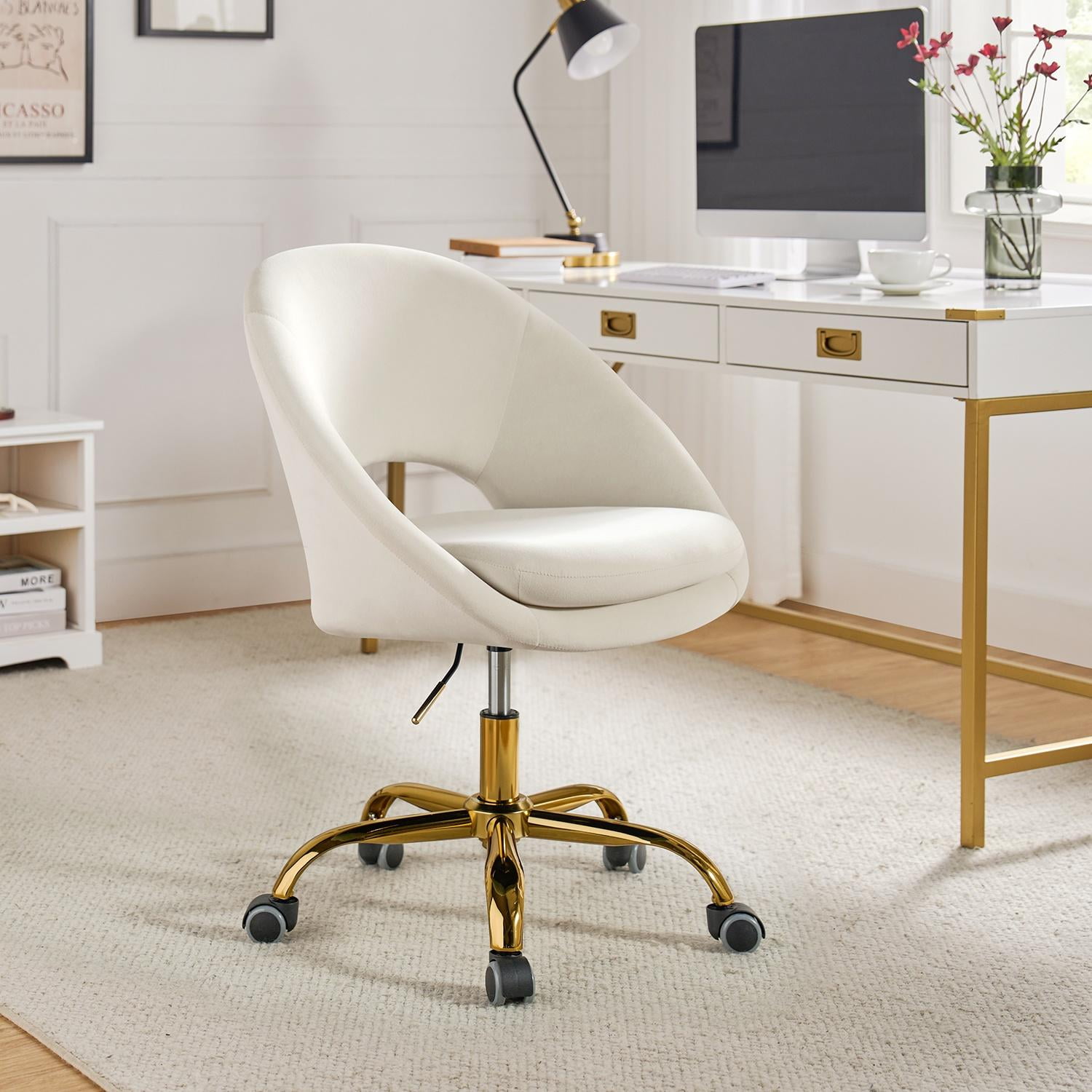 Ivory Velvet Ergonomic Swivel Task Chair with Wood & Metal Frame