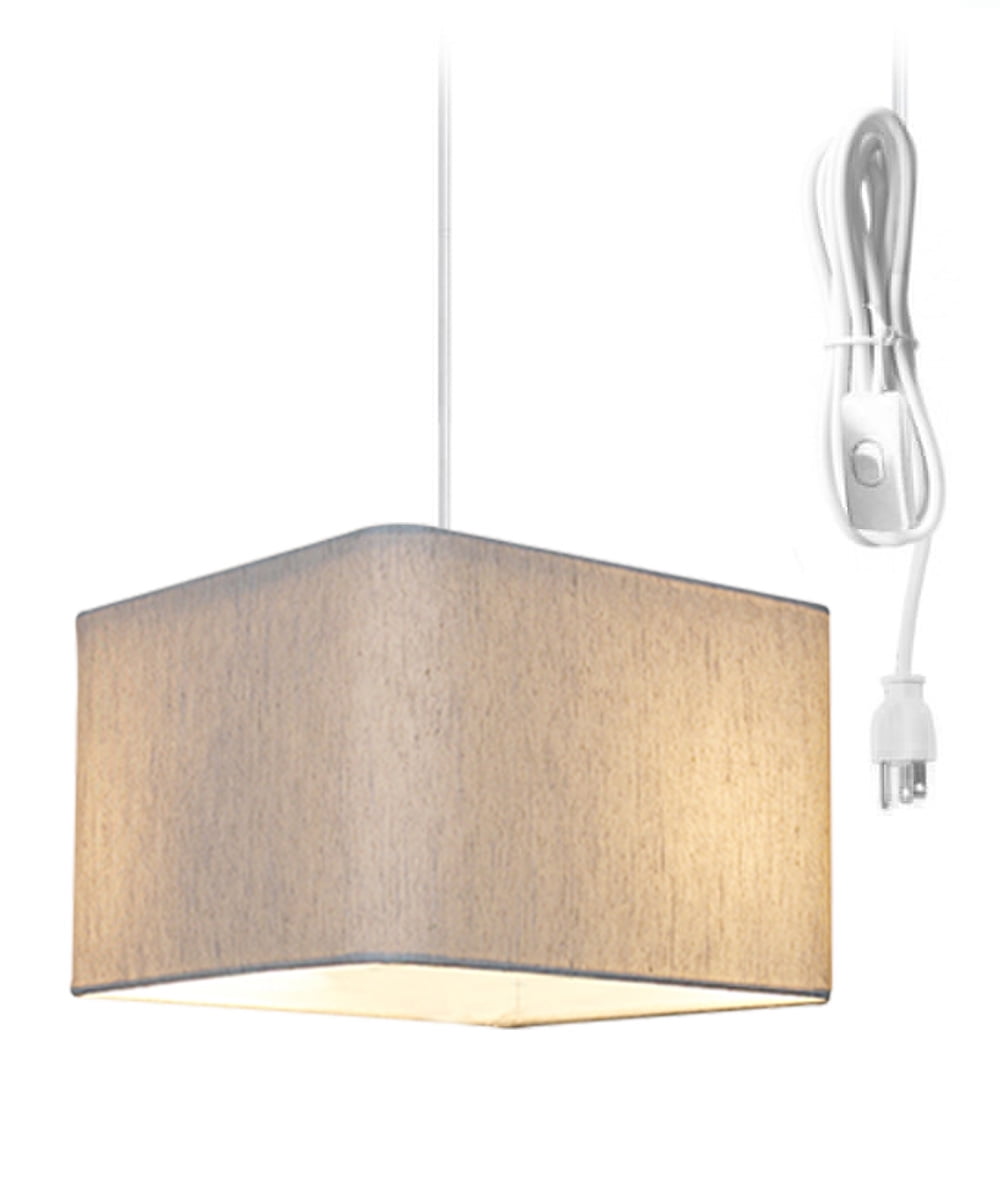 Beige Fabric Drum Pendant Light with White Cord