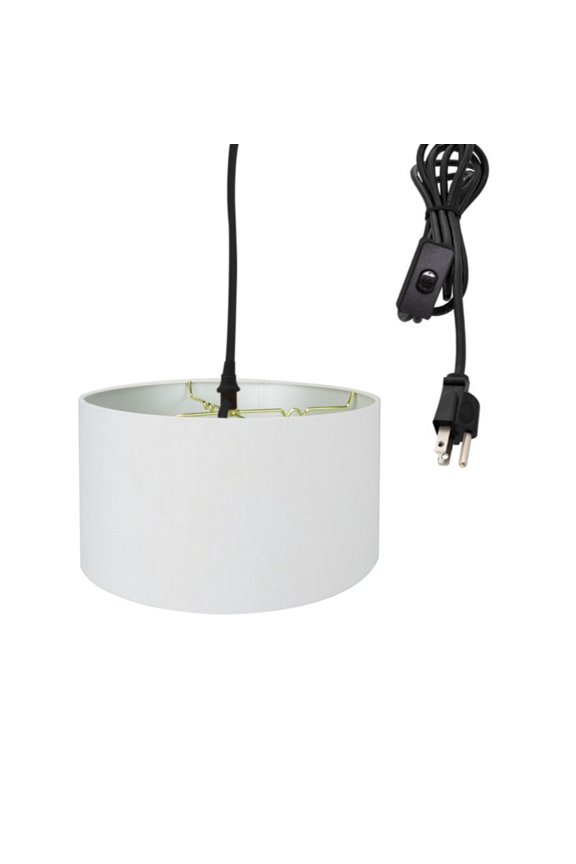 1 Light Swag Plug-In Pendant 18"w White Linen Shade, 17' Black Cord