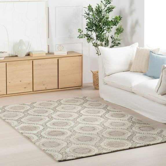 Home Conservatory Medallion Hand Tufted Wool Area Rug, 4' x 6', Grey