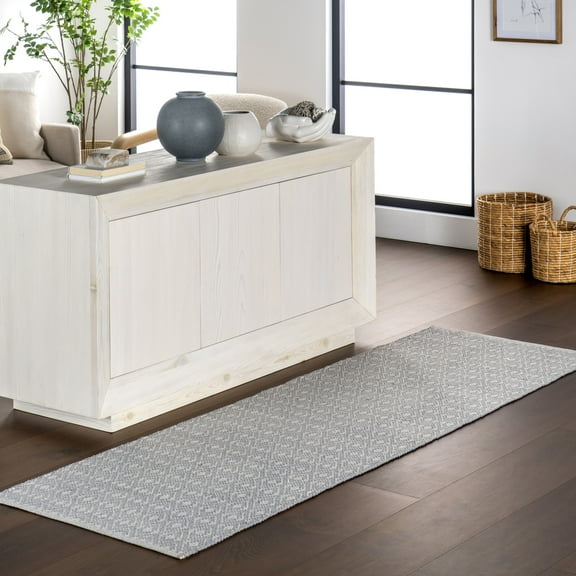 Home Conservatory Optic Diamond Handwoven Cotton Area Rug, 2' 6" x 8', Runner,  Grey