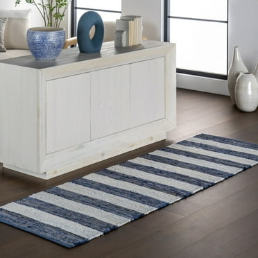 Home Conservatory Striped Rag Handwoven Cotton Area Rug, 2' 6" x 8', Runner,  Blue