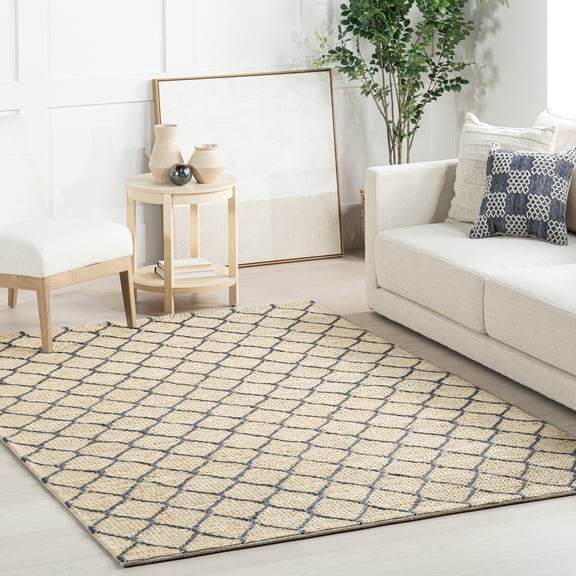 Home Conservatory Tiles Handwoven Jute Area Rug, 4' x 6', Blue