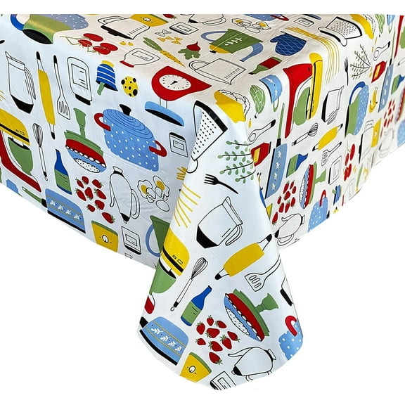 Home Cooking Retro Kitchen Print 60 x 102 inch Rectangle Vinyl Tablecloth with Flannel Backing