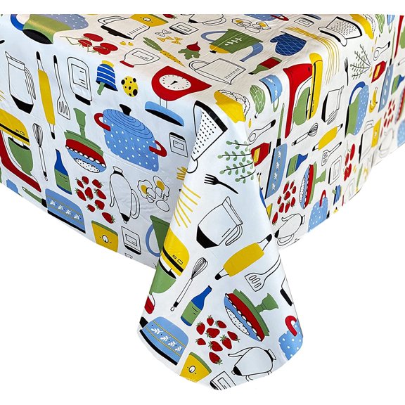 Home Cooking Retro Kitchen Print 70 inch Round Vinyl Tablecloth with Flannel Backing