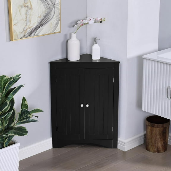 Home Corner Storage Cabinet, Bathroom Triangle Floor Storage Cabinet with Adjustable Shelves, Freestanding Floor Cabinet with 2 Doors (Black-1)