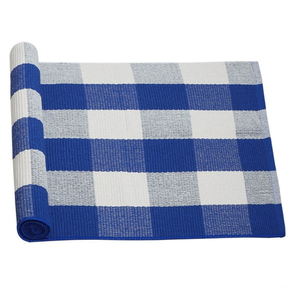 Home Cotton Woven Checkered Area Floor Rug Carpet Mat Blue 4'3" x 1'12"