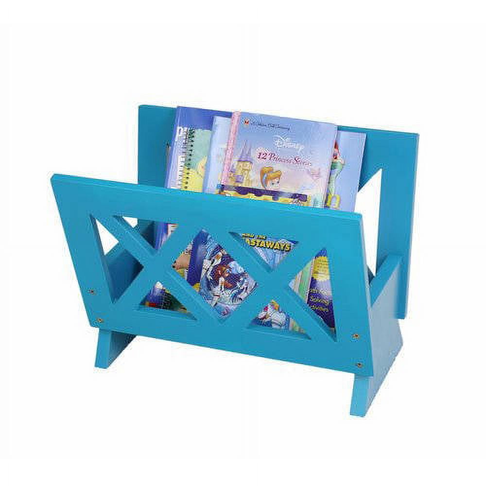 Blue Freestanding Wood Magazine Rack with Geometric Design