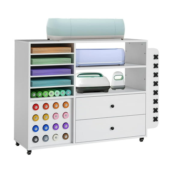 Home Craft Organization and Storage Cabinet Compatible with Cric ut Machines Cric ut Cart with 2 Drawers & 24 Vinyl Roll Holder, Craft Station Cricuts Accessories Storage Organizer