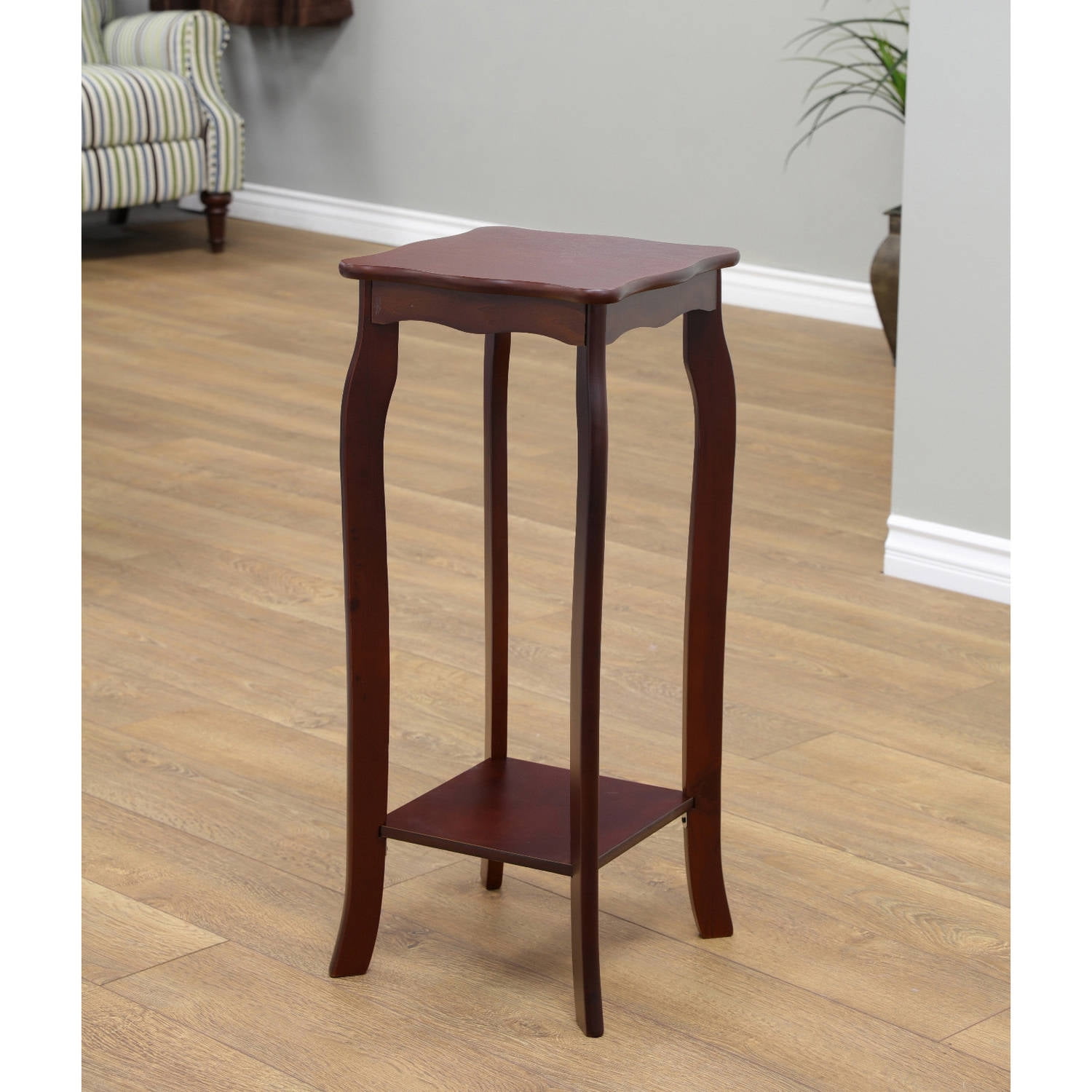Dark Walnut Square Wood Plant Stand with Scalloped Apron