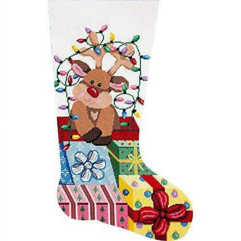 Home Creations Holiday Edition Needlepoint Stocking Kit- Gift Wrapped  Reindeer - Large, Deluxe Size 