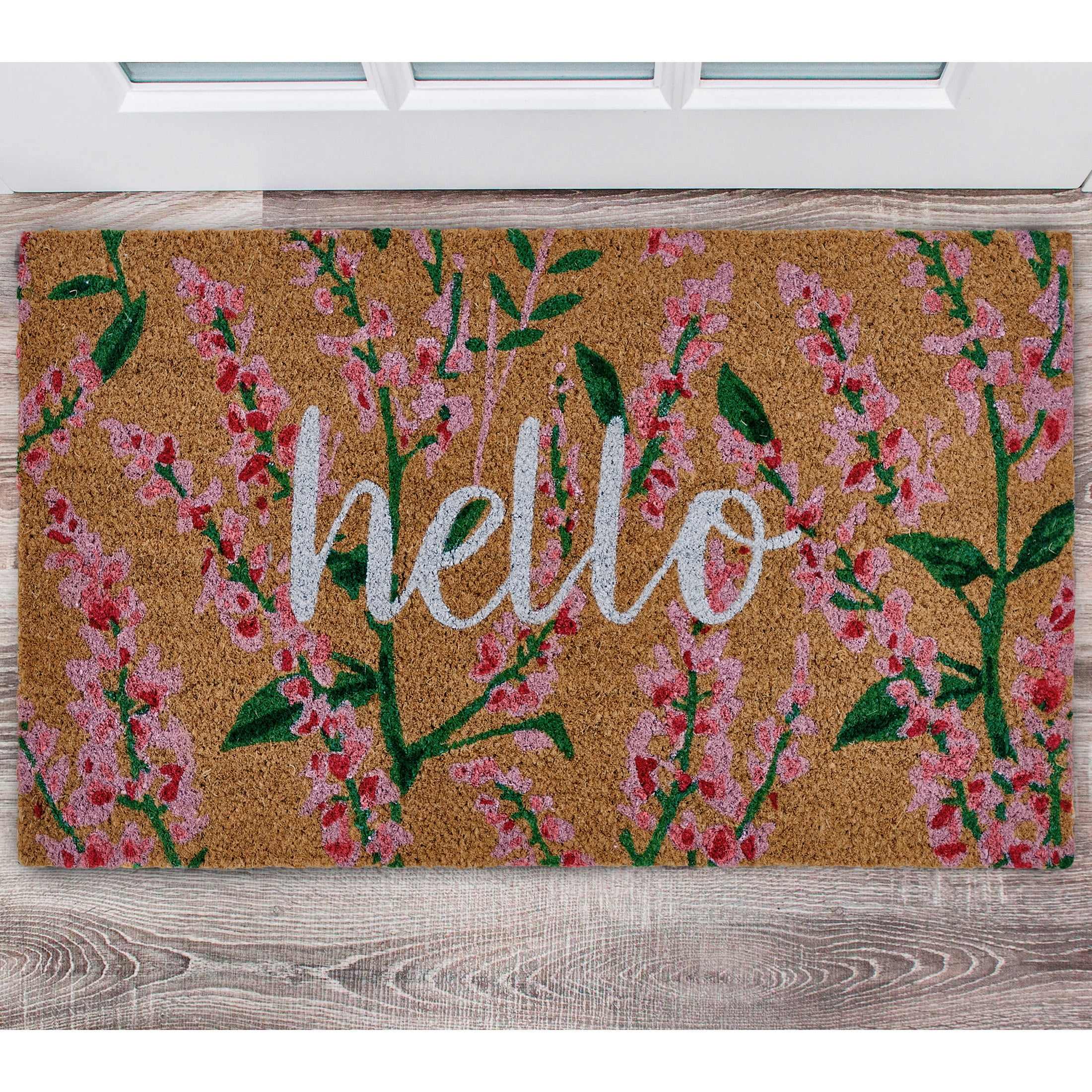 Home Décor Collection Hello Floral Natural/Pink Coir Outdoor Welcome  Doormat, 18 x 30 