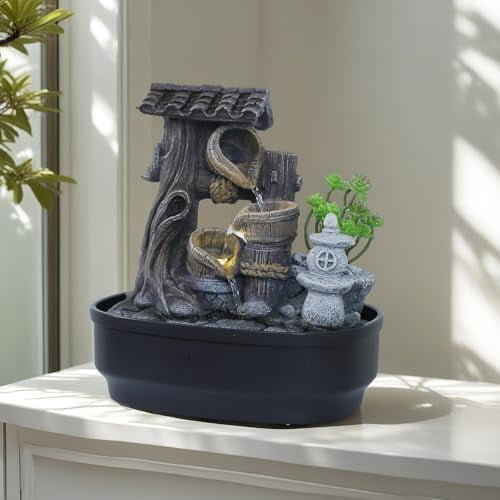 Home Dcor Table Top Water Fountain Indoor Rustic Treehouse Desk Fountains 11.8'' Tabletop Water Feature with LED Light, Meditation Zen Waterfall for Room Office Bedroom Desktop Decor