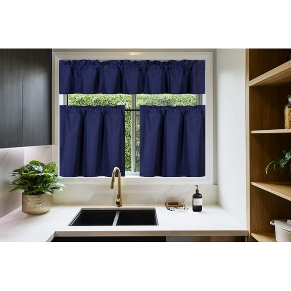 Home Décor set of 3 pieces Blackout Lined Window Curtain Rod Pocket Set 2 Tier + 1 Valance for Kitchen Navy K 3