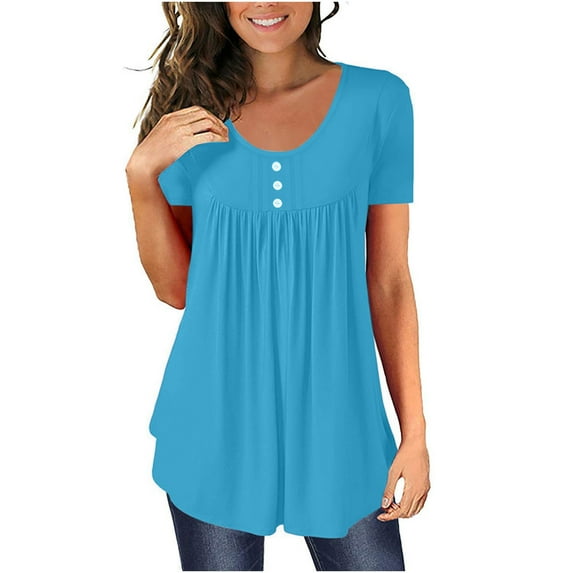 Home Deals! Zeceouar Women's Summer Solid Round Neck Button Pleated Short Sleeve Tops