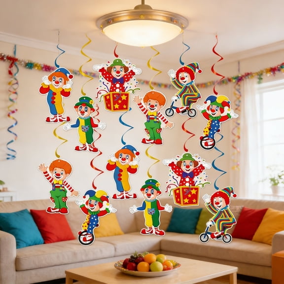 Home Decor 12 Piece Carnival Clown Hanging â Festive Circus Themed Hanging With Swirl Streamers For Carnival Celebrations Party & Ceiling Accents For Circu Event Party