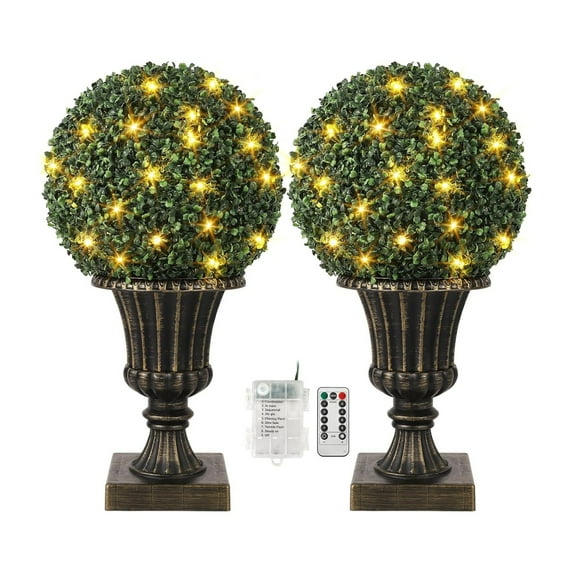 Home Decor 16” Artificial Plant Topiary Ball, Pre-Lit Artificial Topiary Plant with Lights, Timer and Remote Control, Artificial Outdoor Porch Trees with Light Base for Outdoor Indoor