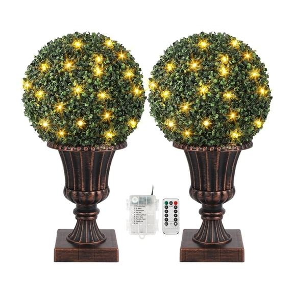 Home Decor 16” Artificial Plant Topiary Ball, Pre-Lit Artificial Topiary Plant with Lights, Timer and Remote Control, Artificial Outdoor Porch Trees with Light Base for Outdoor Indoor