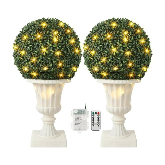 Home Decor 16” Artificial Plant Topiary Ball, Pre-Lit Artificial Topiary Plant with Lights, Timer and Remote Control, Artificial Outdoor Porch Trees with Light Base for Outdoor Indoor