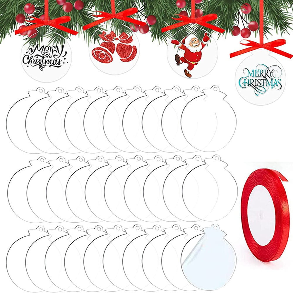 Home Decor 30Pcs Clear Acrylic Round Diy Craft Christmas Tree Decor Pendant Set with Ribbon