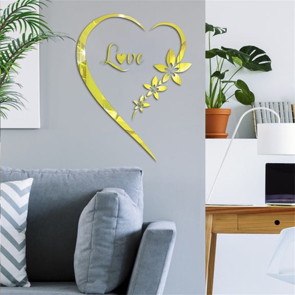 Home Decor 3D Acrylic Mirror Wall Decal Love Heart Floral Self-Adhesive Wall Art Sticker Removable DIY Mural Decor for Living Room Bedroom Bathroom Wedding Office Wall Surface
