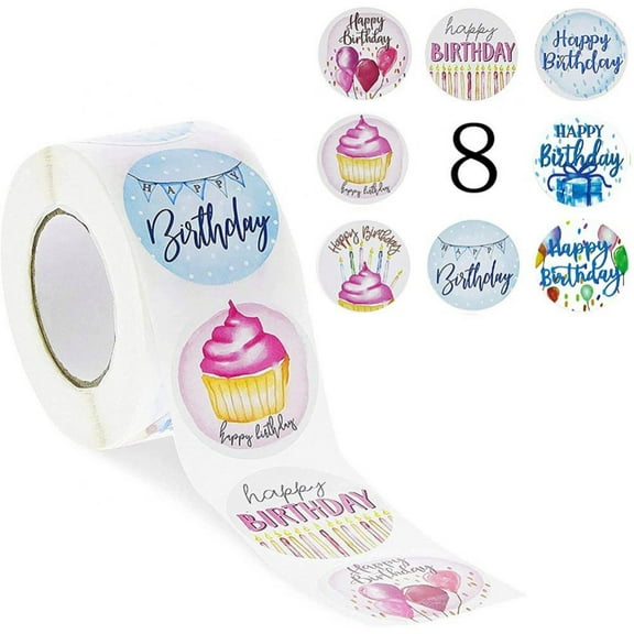 Home Decor 500Pcs/Roll Happy Birthday Stickers 1 Inch in 8 Designs Gift Wrap Tags