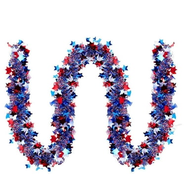 Home Decor 6.5 Feet Patriotic 4th of July Tinsel Garland Red White Blue Hanging Garland Independence Day Fireplace Mantel Wreath Decor for Staircase Railing Indoor Outdoor Ornaments