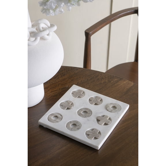 Home Decor Accessories 9x9" White Marble Tic-Tac-Toe Set With Natural Gray Pieces,Wall Hooks