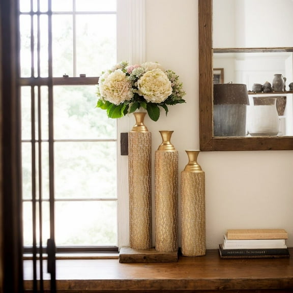 Home Decor Accessories Metal decorative vases High distress metal center vases with growing vine patterns, set of 3 vases for home decoration 34 ", 29 ", 25 "H, gold,Wall Hooks
