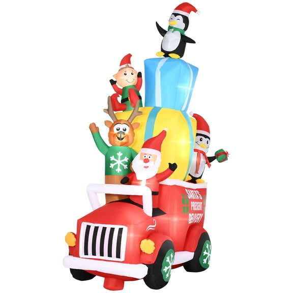 Home Decor Accessories Outsunny 9ft Christmas Inflatables Outdoor Decorations Santa Claus Drives a Gift Car with Elk, Elf and Two Penguins, Blow-Up LED Yard Christmas Decor for Garden, Lawn,Household