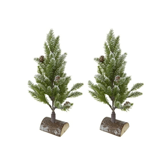 Home Decor Accessories Set of 2, 13.5" christmas PVC Tree On Wood Base With Snow,Household Decor Items