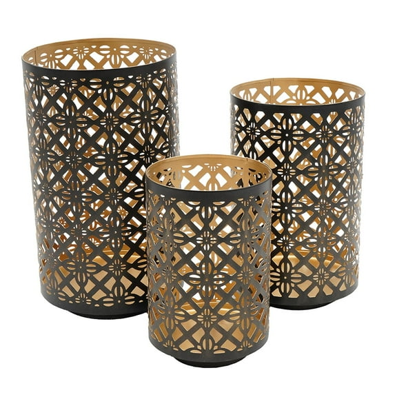 Home Decor Accessories Set of 3 Helena Pierced Metal Lanterns, L:D7x12" M:D6.5x10" S:D5x8.5",Household Decor Items