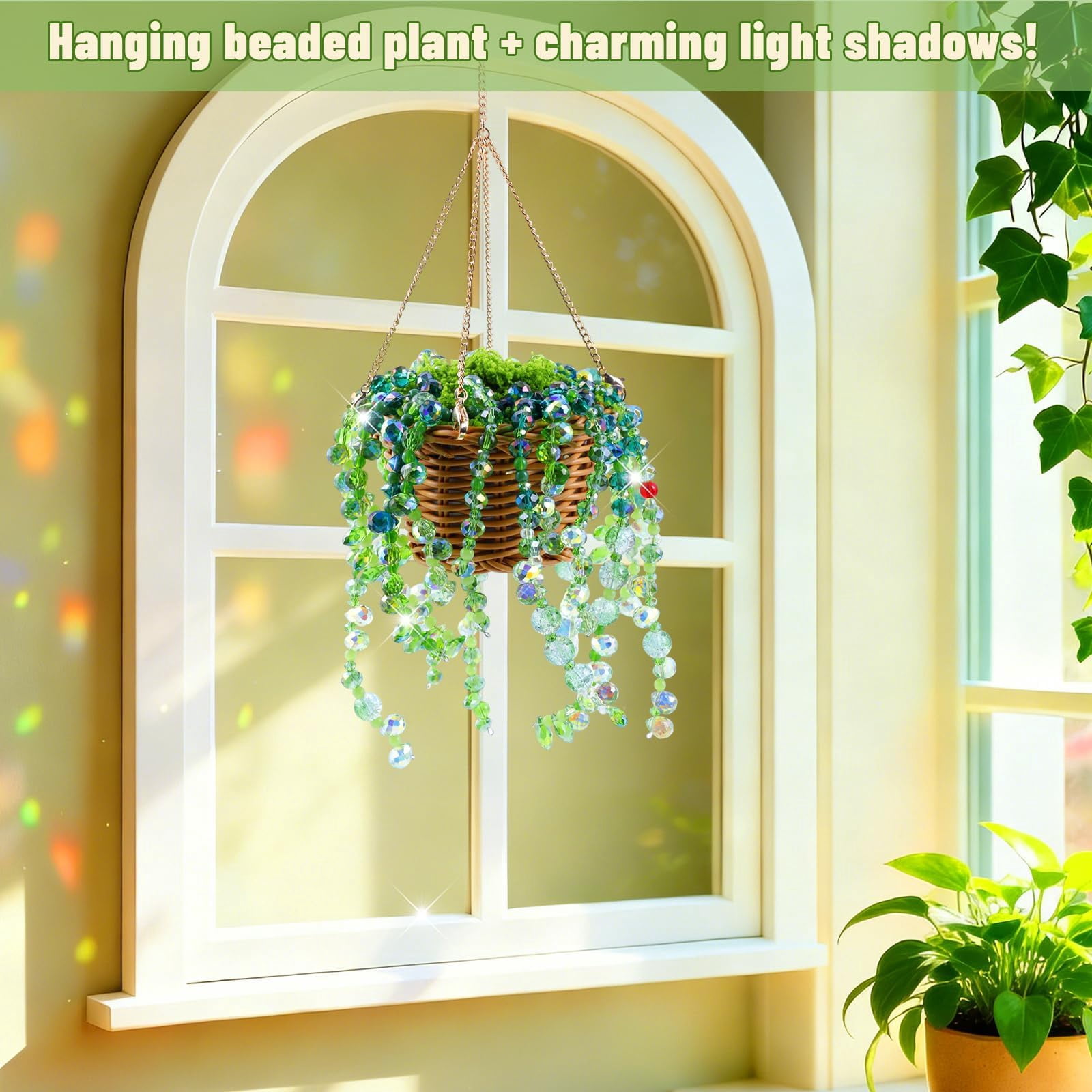 Home Decor Beaded Plants Kit Magnets for Fridge, Green Beads Leaf Glass Flowers for Succulent Plant Lover Jewelry Making DIY Craft Gifts Colorful Dangling Charms Sun Catchers Window