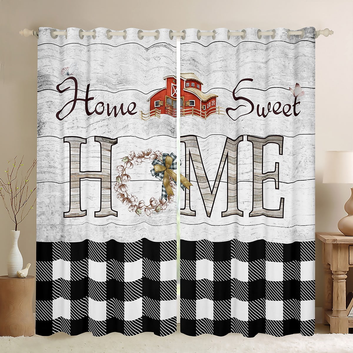 Modern Geometric Grid Curtains – Set Of 2 Panels For Bedroom, Living Room In Gray, Black, Red & White (Velvet, Grommet Top)