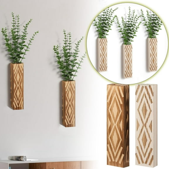 Home Decor Boho Style Wooden Wall Vases Natural Wall Art Flower Pots Practical 11.8" X 2.8" X 1.6"