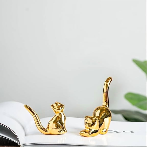 Home Decor Cat Statues, Modern Style Ceramic Golden Cat Figurine Statues for Home Decor (2pcs Cute Cat)