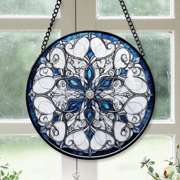 Home Decor Christmas Gift - Christmas Snowflake Halloween Stained Glass Hanging Ornament - Merry & Bright Xmas Tree Decor, Holiday Gift for Family & Friends