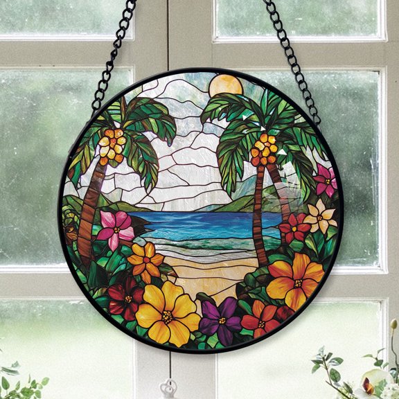 Home Decor Christmas Gift - Coconut Tree Christmas Stained Glass Hanging Ornament - Winter Holiday Tree Decoration, Xmas Gift for Mom, Dad, Friends, Family