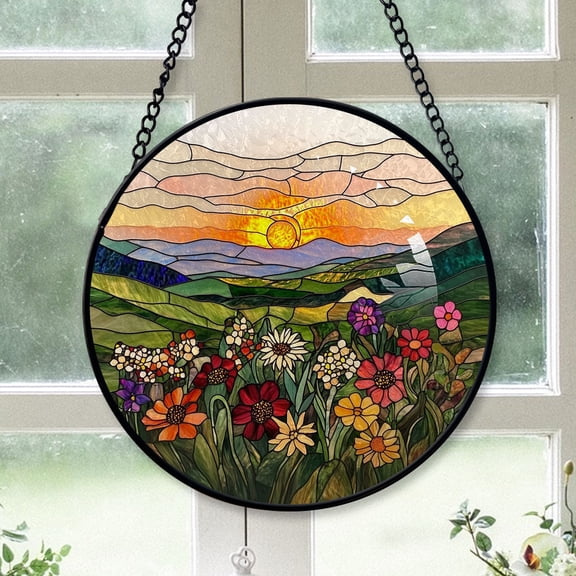 Home Decor Christmas Gift - Golden Sunburst Over Rolling Hills Christmas Stained Glass Hanging Ornament - Gallery-Style Holiday Tree Decor, Gift for Family & Friends, Keepsake 2025