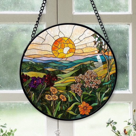 Home Decor Christmas Gift - Golden Sunburst Over Rolling Hills Christmas Stained Glass Hanging Ornament - Gallery-Style Holiday Tree Decor, Gift for Family & Friends, Keepsake 2025