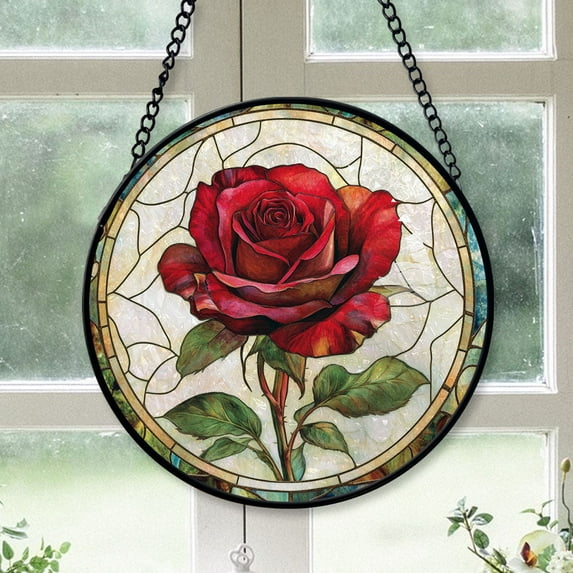 Home Decor Christmas Gift - Rose Stained Glass Hanging Ornament - Classic Christmas Tree Decoration, Holiday Gift for Dad, Mom, Friends, Family