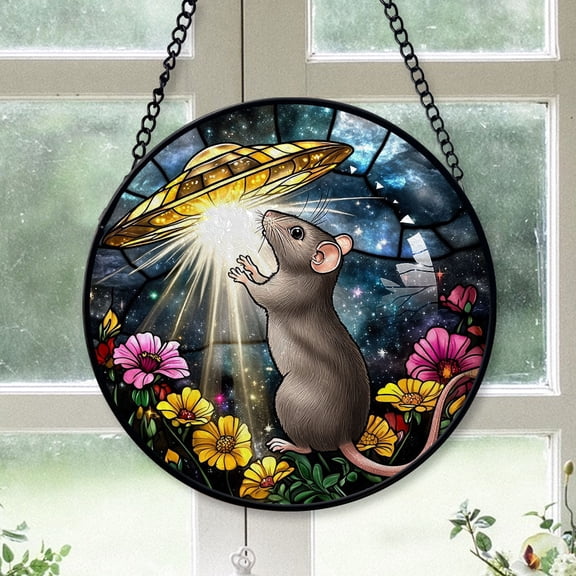 Home Decor Christmas Gift - Whimsical Botanical Opossum UFO Abduction Christmas Stained Glass Hanging Ornament - Gallery-Style Holiday Tree Decor, Gift for Family & Friends, Keepsake 2025