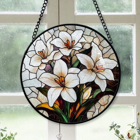 Home Decor Christmas Gift - White Lily Birth Flower Christmas Stained Glass Hanging Ornament - Winter Holiday Tree Decoration, Xmas Gift for Mom, Dad, Friends, Family