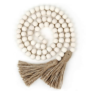 Home Decor Clearance Qianduo 58In Wood Bead Garland with Tassels Farmhouse Beads Rustic Nature Country Decor Prayer Boho Beads Wall Hanging Decoration Beige, a Hemp String of Beads