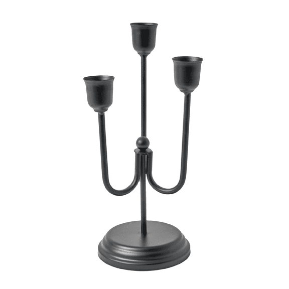 Home Decor Collection 3-Arm Black Metal Taper Candle Holder – Elegant Gothic Decor for Halloween, Mantel, Kitchen Table, Wedding, or Party, 9"