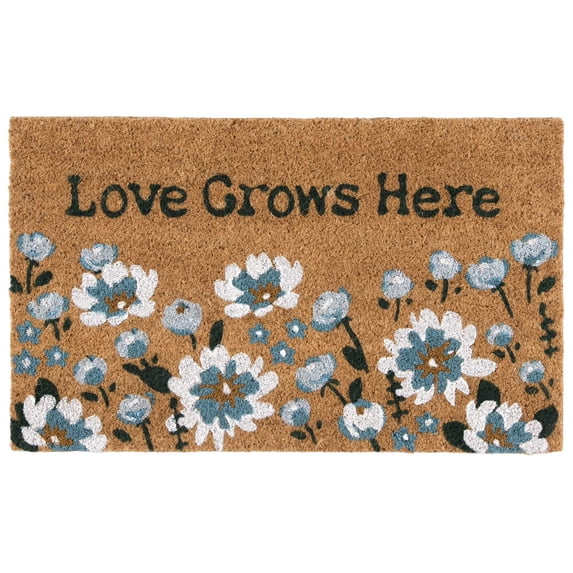 Home Decor Collection Blue Floral Loves Grows Here Outdoor Doormat, Non-Slip Durable Coir Floor Mat Absorbent Easy Clean Entryway Rug for Home Entrance Front Door Porch Patio Decor 18"x30"