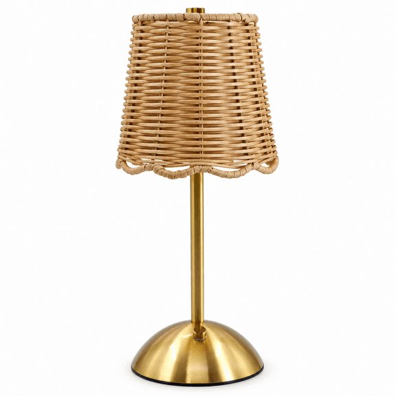 Home Decor Collection Cordless Rechargeable Brass Table Lamp, Rattan Woven Shade, Touch Control Dimmable LED Accent Lamp, Portable Bedside Light for Bedroom, Living Room & Office