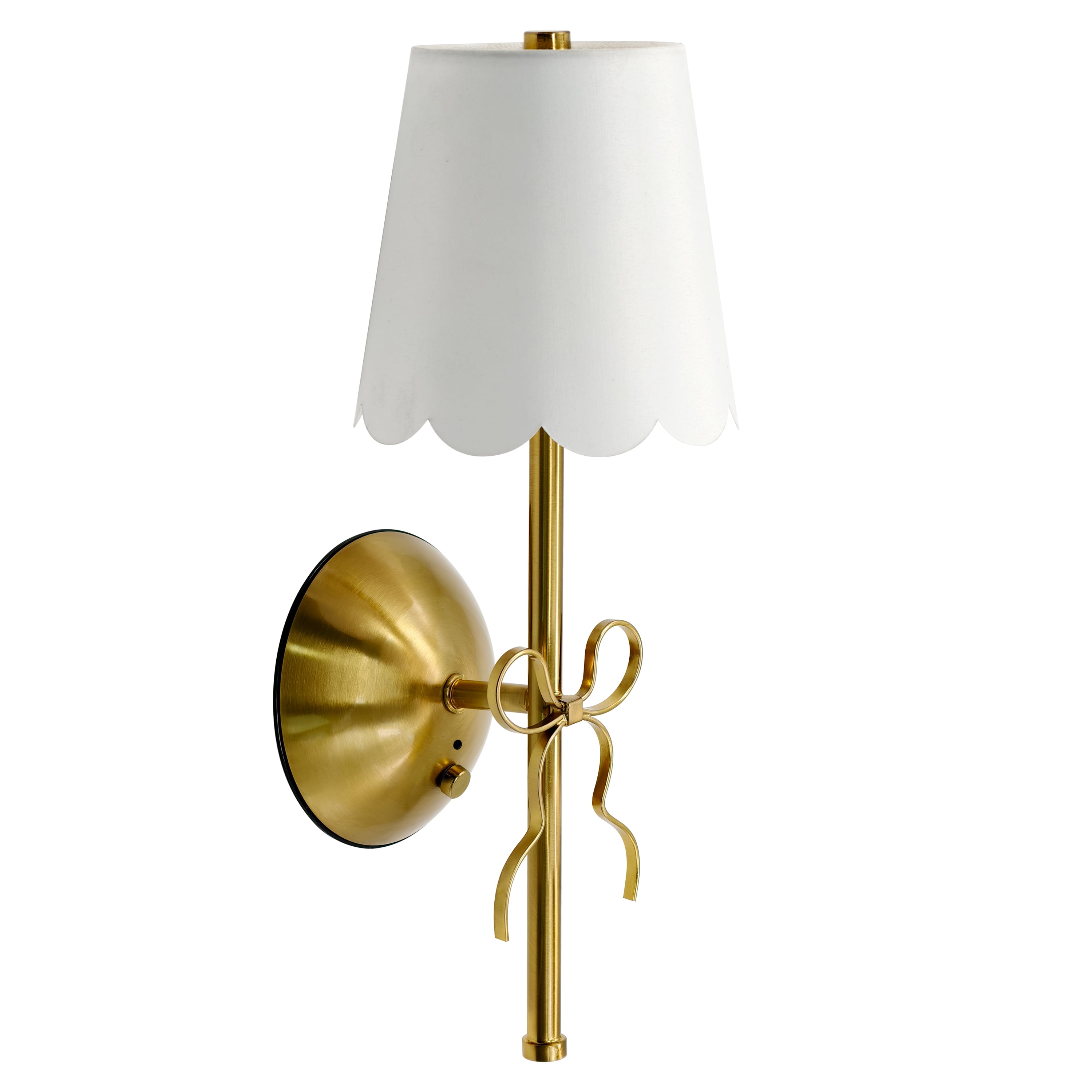 Home Decor Collection Sterling & Noble Home Cordless Rechargeable Brass Wall Sconce with Bow and Fabric Scallop Lamp Shade, Touch Button and Remote