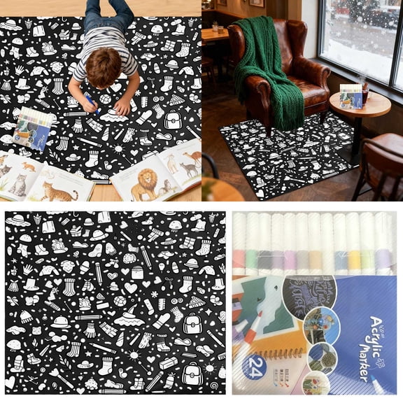 Home Decor Color Your Own Blanket Diy Washable Coloring Blanket Art Project Cozy Home Seasonal Birthday Holiday (Includes 24 Paintbrushes) 5Ml Blanket